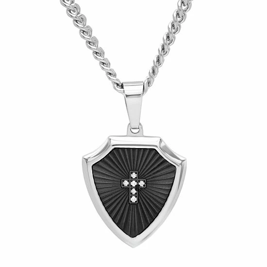 Discount 🧨 Unbranded Men's Stainless Steel Diamond Accent Cross Shield Pendant Necklace ✨
