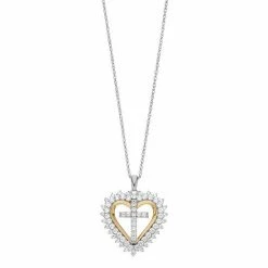 Promo 🔔 Unbranded Two Tone Sterling Silver Cubic Zirconia Heart Cross Pendant Necklace 🎁