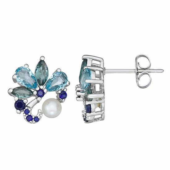 Hot Sale 🥰 Unbranded Sterling Silver Freshwater Cultured Pearl Blue Topas & Lab Created Sapphire Cluster Earrings 🔔