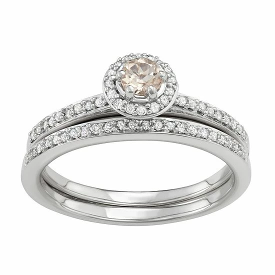 Coupon ๐ Unbranded 10k White Gold 1/3 Carat T.W. Diamond & Morganite Halo Engagement Ring Set ๐