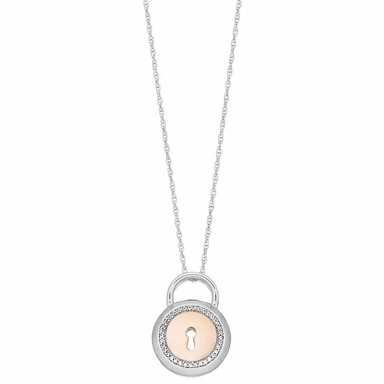 New 🎉 Unbranded Two Tone Sterling Silver Lab-Created White Sapphire Lock Pendant Necklace 😍