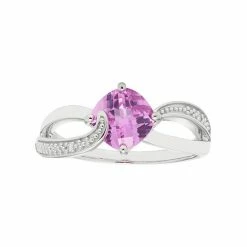 Best Pirce 👍 Unbranded Sterling Silver Lab Created Pink Sapphire & Diamond Accent Cushion Bypass Ring 🎁