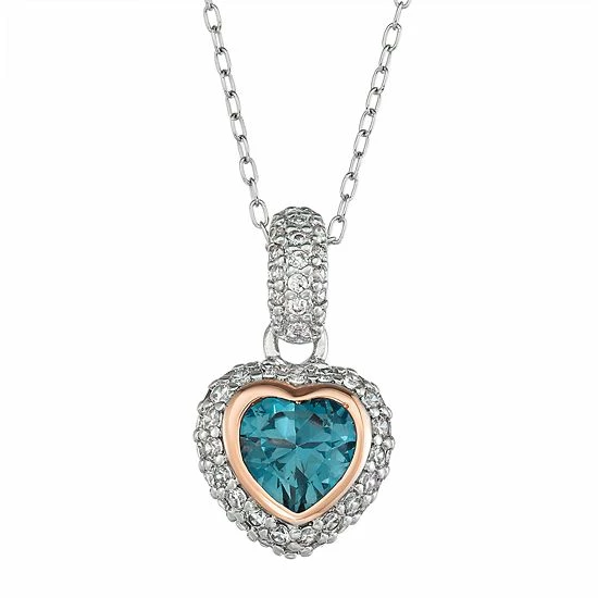 Promo ✨ Unbranded Two Tone Sterling Silver Lab-Created Blue Spinel & Cubic Zirconia Heart Pendant Necklace 🌟