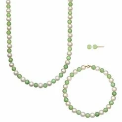 Flash Sale ⭐ Unbranded 14k Gold Freshwater Cultured Pearl & Jade Necklace, Bracelet & Stud Earring Set ⌛