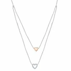 Best Pirce ❤️ Unbranded Two Tone 10k Gold 1/6 Carat T.W. Diamond Double Strand Heart Necklace ⭐
