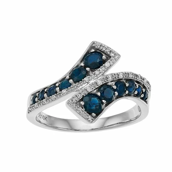 Hot Sale 🔔 Unbranded 10k White Gold Sapphire & 1/10 Carat T.W. Diamond Bypass Ring ❤️