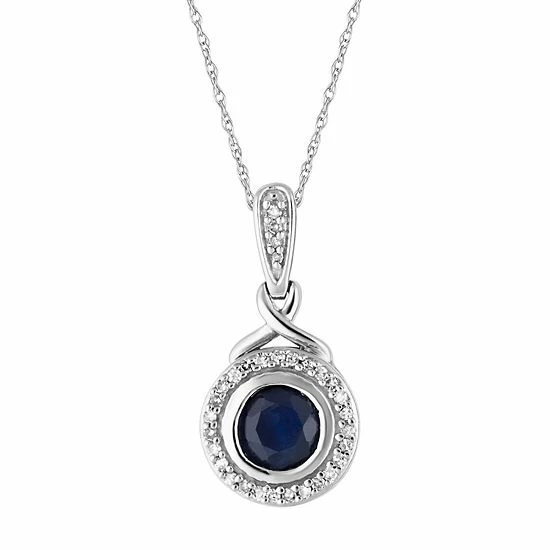 Wholesale 🤩 Unbranded 10k White Gold Sapphire & 1/8 Carat T.W. Diamond Halo Pendant Necklace 😍