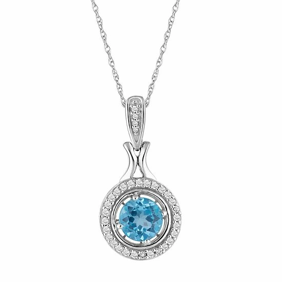 Discount ๐คฉ Unbranded 10k White Gold Swiss Blue Topaz & 1/6 Carat T.W. Diamond Halo Pendant Necklace ๐