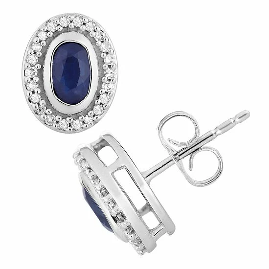 Promo ๐ฏ Unbranded 10k White Gold Sapphire & 1/8 Carat T.W. Diamond Oval Halo Stud Earrings ๐ฅ
