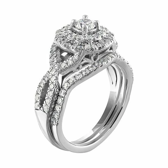 Best deal ๐ Unbranded 14k White Gold 1 Carat T.W. Diamond Double Halo Engagement Ring Set ๐งจ - Image 2