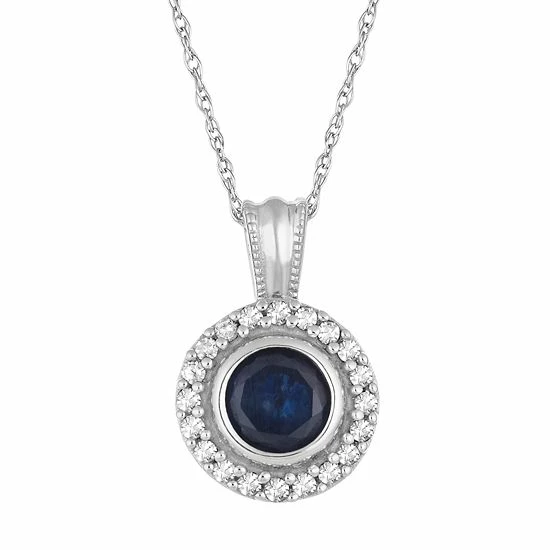 Best Pirce ๐ Unbranded 10k White Gold Sapphire & 1/10 Carat T.W. Diamond Halo Pendant Necklace โ