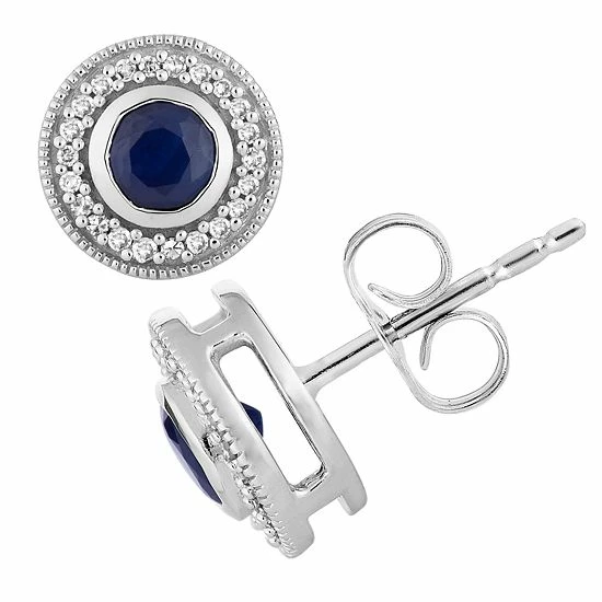 Wholesale ๐ Unbranded 10k White Gold Sapphire & 1/5 Carat T.W. Diamond Milgrain Halo Stud Earrings ๐