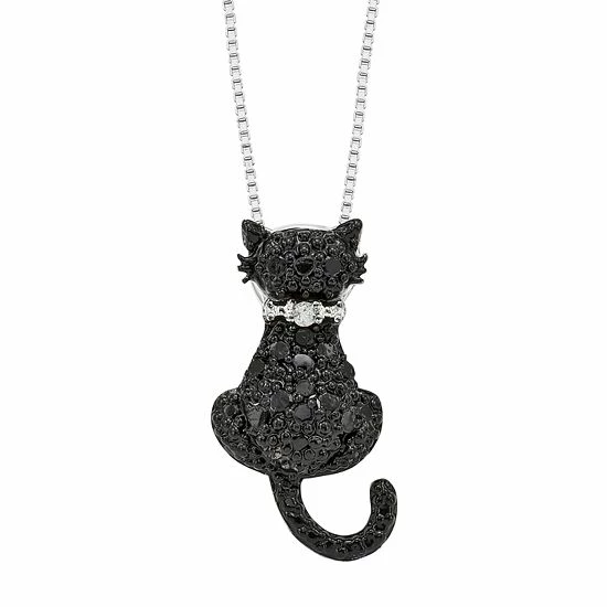 Cheapest 🥰 Unbranded Sterling Silver 1/4-ct. T.W. Black And White Diamond Cat Pendant 🎉