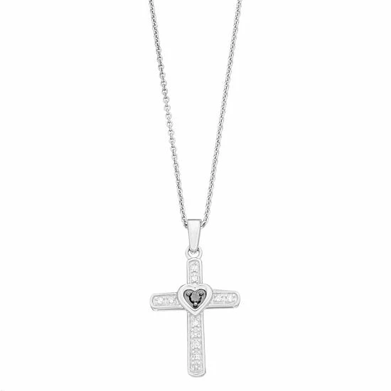 Best Pirce 🌟 Unbranded Sterling Silver 1/10 Carat T.W. Black & White Diamond Heart & Cross Necklace ⭐