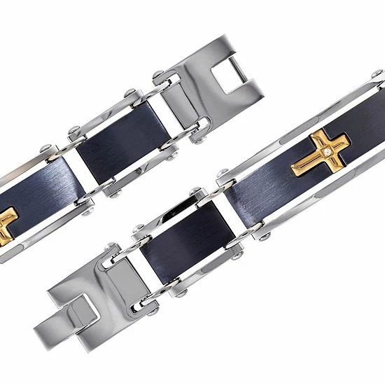 Brand new 😉 Unbranded Men's Tri-Tone Stainless Steel Cubic Zirconia Cross Bracelet ⭐ - Image 2