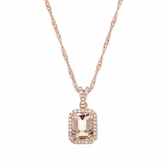 Wholesale ✨ Unbranded Sterling Silver Emerald Cut Morganite 1/6 Carat T.W. Diamond Halo Pendant Necklace ✔️