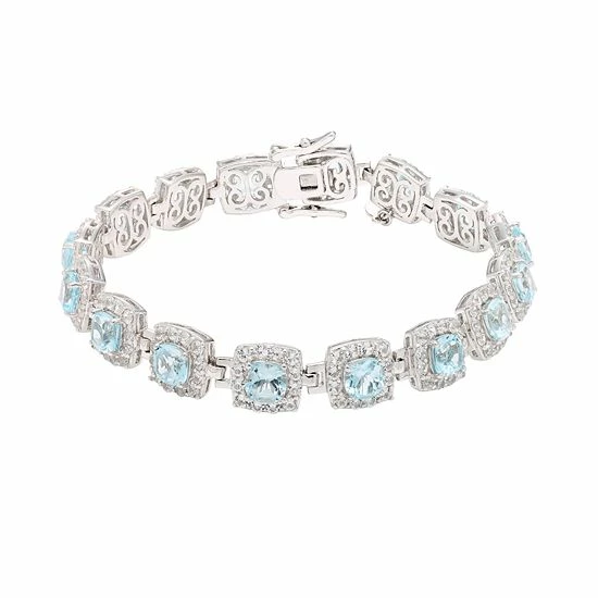 Deals 🤩 Unbranded Sterling Silver Sky Blue Topaz & Lab-Created White Sapphire Halo Bracelet ❤️
