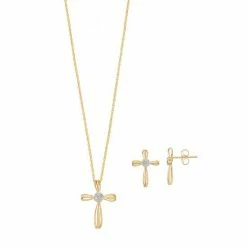 Budget 🧨 Unbranded 14k Gold Over Silver 1/10 Carat T.W. Diamond Cross Jewelry Set 🛒
