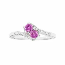 Wholesale 😉 Unbranded Sterling Silver Lab Created Pink Sapphire Two Stone & Diamond Accent Bypass Ring ⭐