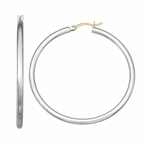 Best Pirce ✨ Unbranded Sterling Silver Large Tube Hoop Earrings With 14K Gold Hinge And Bar 🔥