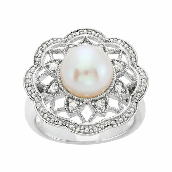 Cheap ๐ Unbranded Freshwater Cultured Pearl And 1/10 Carat T.W. Diamond Sterling Silver Flower Ring โ