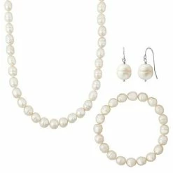 Buy 🌟 Unbranded Sterling Silver Ringed Freshwater Cultured Pearl Necklace, Bracelet & Earring Set ⌛
