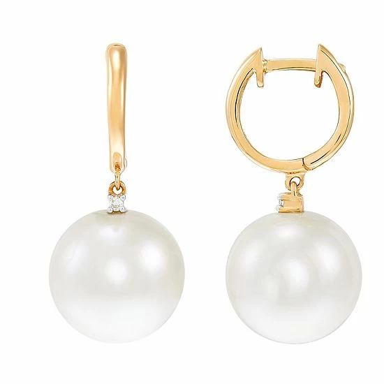 Discount 💯 Unbranded 14k Gold Freshwater Cultured Ming Pearl & Diamond Accent Huggie Earrings 🔔