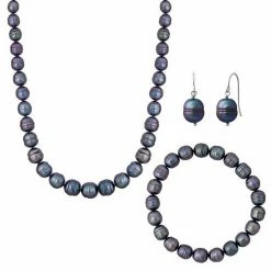 New ✨ Unbranded Sterling Silver Dyed Black Ringed Freshwater Cultured Pearl Necklace, Bracelet & Earring Set 😀