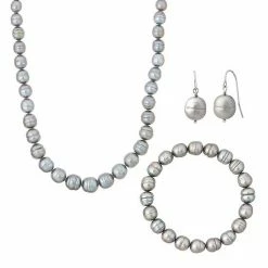 Hot Sale ⌛ Unbranded Sterling Silver Dyed Gray Ringed Freshwater Cultured Pearl Necklace, Bracelet & Earring Set ❤️