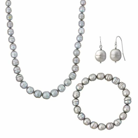 Hot Sale ⌛ Unbranded Sterling Silver Dyed Gray Ringed Freshwater Cultured Pearl Necklace, Bracelet & Earring Set ❤️