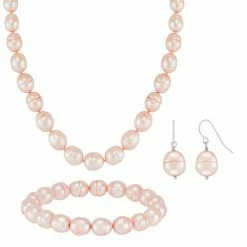 Discount 💯 Unbranded Sterling Silver Dyed Pink Ringed Freshwater Cultured Pearl Necklace, Bracelet & Earring Set 😉