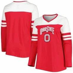Top 10 ✔️ Unbranded 👩 Women's Scarlet Ohio State Buckeyes Plus Size Long Sleeve Stripe V-Neck T-Shirt ⌛