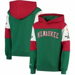 Brand new 😀 Unbranded Youth Mitchell & Ness Green/Red Milwaukee Bucks Hardwood Classics Overtime Colorblock Pullover Hoodie 🎉