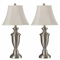 Best deal 🎉 Unbranded Table Lamp Brushed Steel Finish White Softback Silk Fabric Shade Set Of 2 ⌛