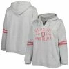 Outlet ✔️ Unbranded 👩 Women's Heather Gray/Scarlet Ohio State Buckeyes Plus Size Distressed Sleeve Stripe Pullover Hoodie ✔️