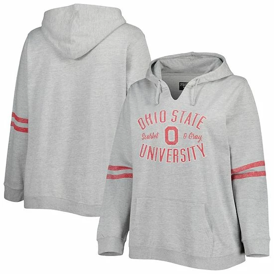 Outlet ✔️ Unbranded 👩 Women's Heather Gray/Scarlet Ohio State Buckeyes Plus Size Distressed Sleeve Stripe Pullover Hoodie ✔️