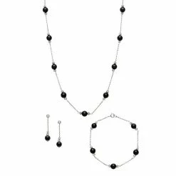 Cheap ⌛ Unbranded Sterling Silver Onyx Station Necklace, Bracelet & Drop Earring Set ✔️