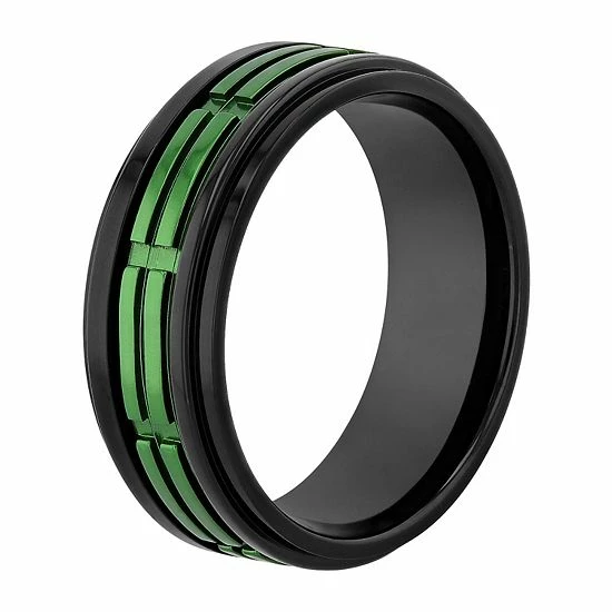 Budget ๐ Unbranded Men's Black & Green Stainless Steel Treaded Wedding Band ๐ - Image 2