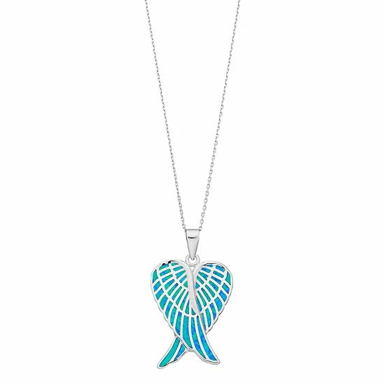 Deals 😀 Unbranded Sterling Silver Lab-Created Blue Opal Angel Wings Pendant 👏