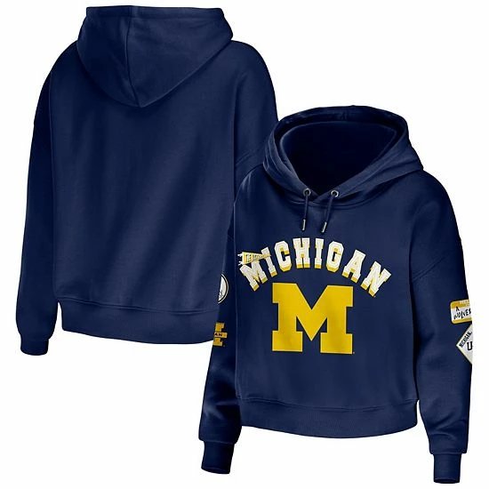 Cheapest ๐งจ Unbranded ๐ฉ Women's WEAR By Erin Andrews Navy Michigan Wolverines Mixed Media Cropped Pullover Hoodie ๐ - Image 2
