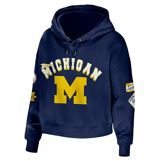 Cheapest ๐งจ Unbranded ๐ฉ Women's WEAR By Erin Andrews Navy Michigan Wolverines Mixed Media Cropped Pullover Hoodie ๐ - Image 3