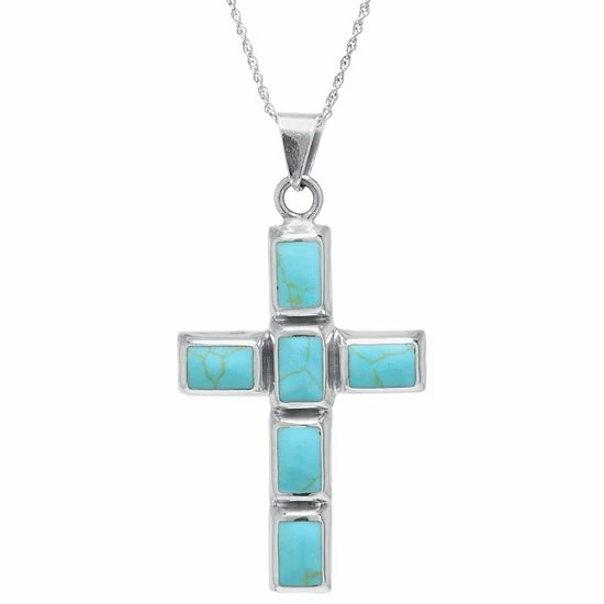 Best Pirce ⌛ Unbranded Sterling Silver Enhanced Turquoise Cross Pendant Necklace ❤️