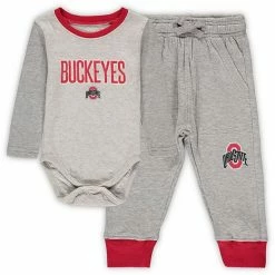Hot Sale 🥰 Unbranded Infant Wes & Willy Heathered Gray/Scarlet Ohio State Buckeyes Jie Jie Long Sleeve Bodysuit & Pants Set 🌟