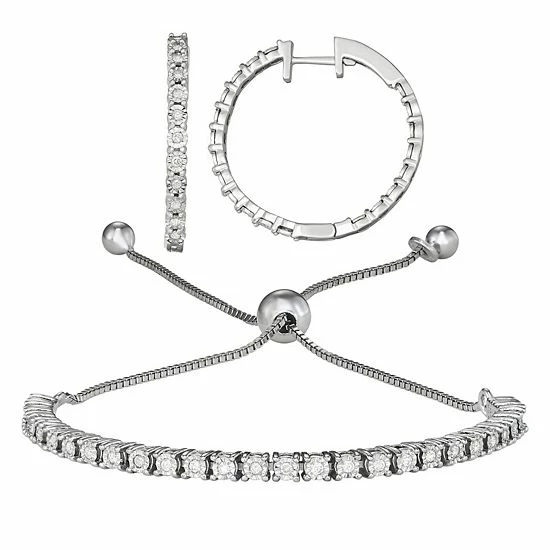 Discount ⌛ Unbranded Sterling Silver 1/2 Carat T.W. Diamond Adjustable Bracelet & Hoop Earring Set ✨ - Image 3