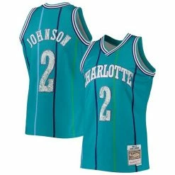 Hot Sale 🛒 Unbranded Men's Mitchell & Ness Larry Johnson Teal Charlotte Hornets 1992-93 Hardwood Classics 75th Anniversary Diamond Swingman Jersey ⭐
