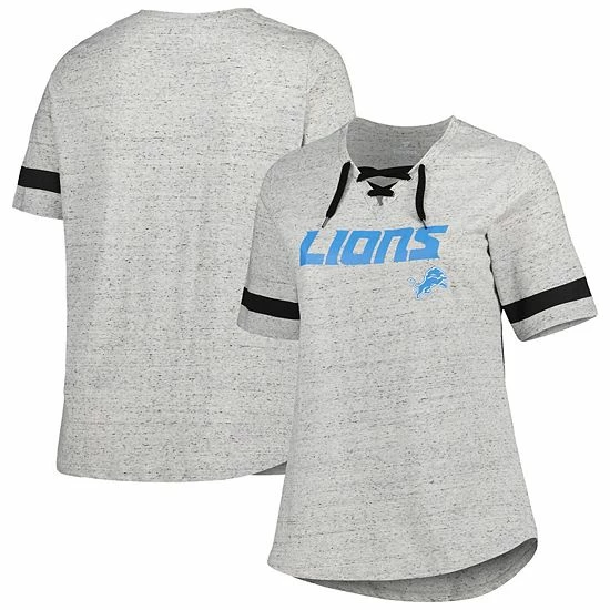 Promo ๐ Unbranded ๐ฉ Women's Heather Gray Detroit Lions Plus Size Lace-Up V-Neck T-Shirt ๐