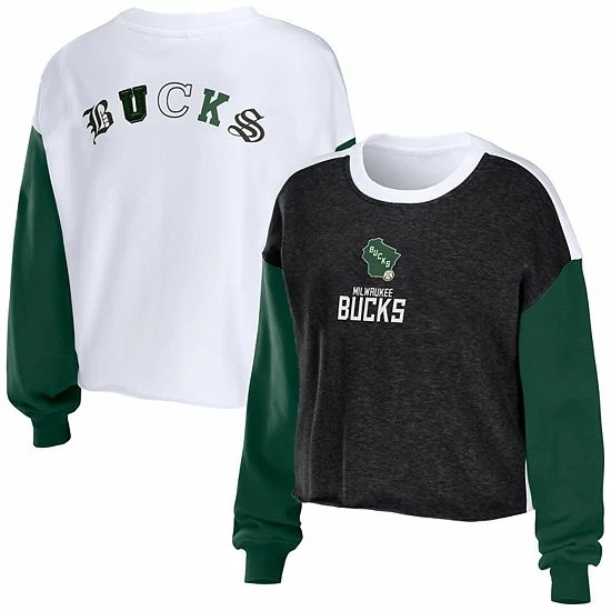 Outlet โ๏ธ Unbranded ๐ฉ Women's WEAR By Erin Andrews Heather Black Milwaukee Bucks Mixed Letter Cropped Pullover Sweatshirt ๐ฏ