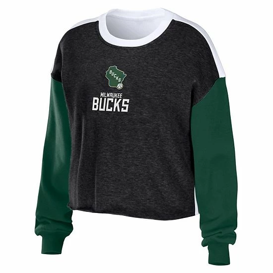 Outlet โ๏ธ Unbranded ๐ฉ Women's WEAR By Erin Andrews Heather Black Milwaukee Bucks Mixed Letter Cropped Pullover Sweatshirt ๐ฏ - Image 3