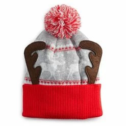 Promo ⌛ Unbranded Men's Grey Heather Reindeer Print 3D Antler Pompom Knit Cap 🔥