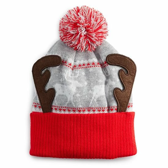 Promo โ Unbranded Men's Grey Heather Reindeer Print 3D Antler Pompom Knit Cap ๐ฅ